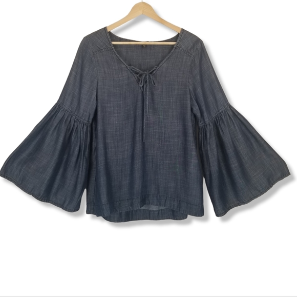 Sanctuary Tops Sanctuary Chambray Peasant Blouse Small Blue Flare Bell Sleeve Lace Up Poshmark